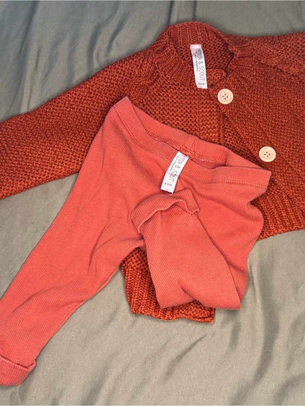 Peyton and Scout Rust Knit Cardigan with Coral Ribbed Leggings